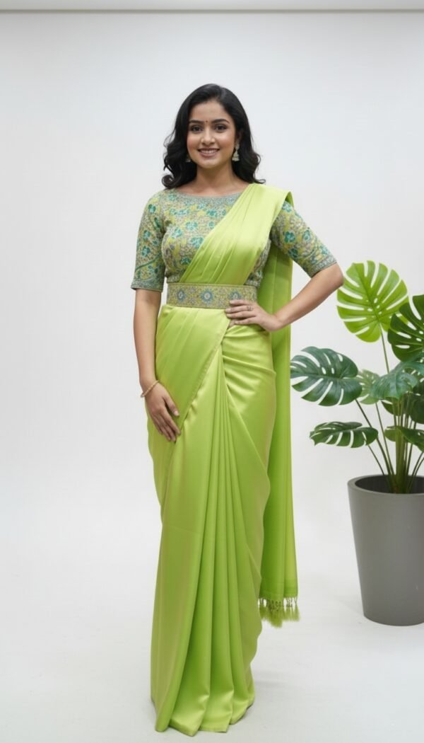 Premium Satin Silk Saree with Designer Net Blouse Work & Designer Hip Belt