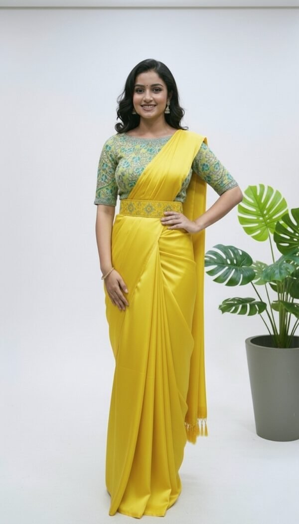 Premium Satin Silk Saree with Designer Net Blouse Work & Designer Hip Belt